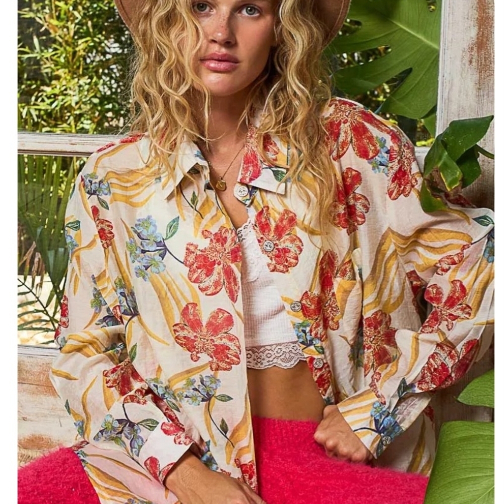 POL Floral Button-Down Shirt in Cream, Red & Yellow NWOT